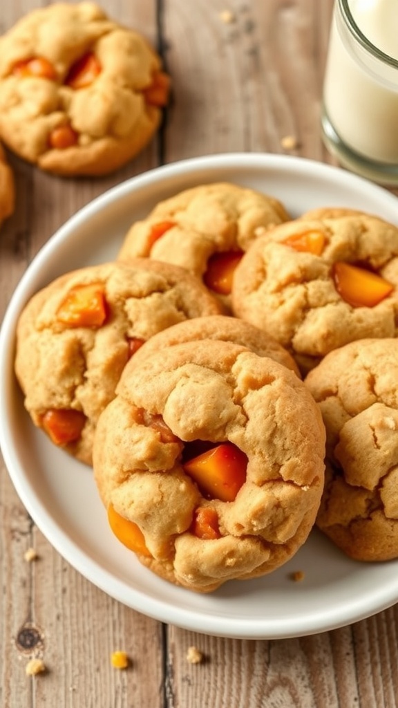 A plate of peach cobbler cookies with chunks of peaches, served with a glass of milk on a wooden table.